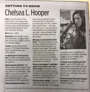 newspaper article "Getting to know chelsea L. Hooper" owner of Red Poppy Pickin'
