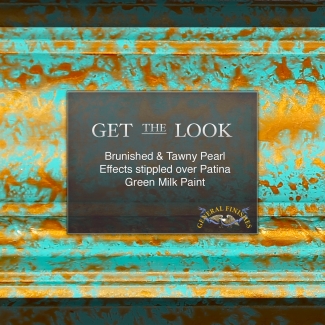 text: get the look brunished & tawny pearl effects stippled over patina green milk paint