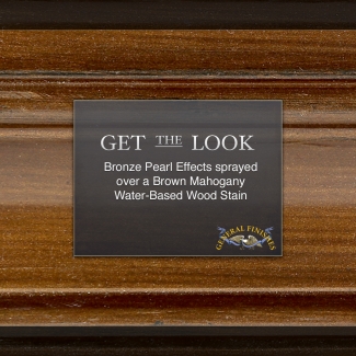 text: get the look bronze pearl effects sprayed over a brown mahogany water-based wood stain