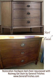 before and after restoration hardware bed chest repurposed with nutmeg gel stain by general finishes