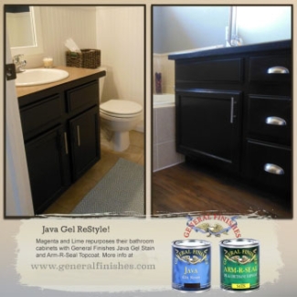 before and after of bathroom vanity with java gel stain