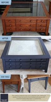 before and after of nautical table refinishes with coastal blue milk paint