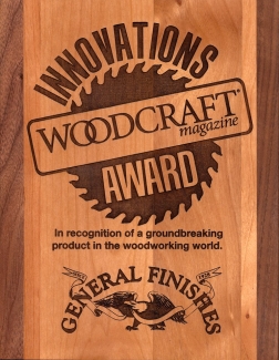 carved wood award to General Finishes. text: in recognition of a groundbreaking product in the woodworking world