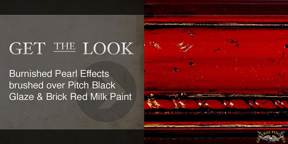 Burnished Pearl Effects brushed over 1 coat of Pitch Black Glaze Effects and Brick Red Milk Paint