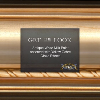 text: get the look antique white milk paint accented with yellow ochre glaze effects