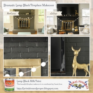 before and after of brick fireplace using lamp black milk paint