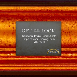 text: get the look copper & tawny pearl effets stippled over evening plum milk paint