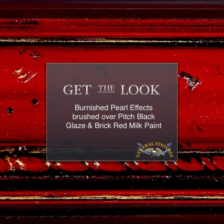 text: get the look brunished pearl effects brushed over pitche black glaze and brick red milk paint