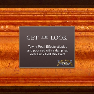 text: get the look tawny pearl effects stippled and pounced with a damp rag over brick red milk paint