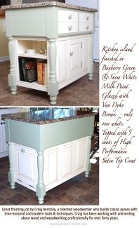kitchen island finished in bayb erry green & snow white milk paint glazed with van dyke brown