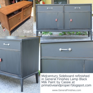 before and after of midcentury sideboard refinish
