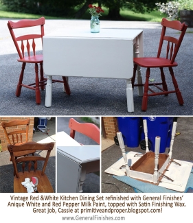 vintage red and white kitchen dinig set refinished with antique white and red pepper milk paint