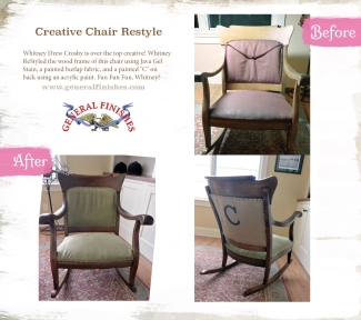 before and after of refinished rocking chair using java gel stain