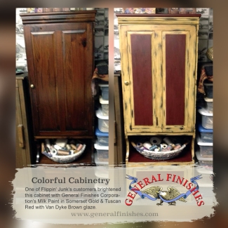 before and after of cabinet refinished with milk paint and glaze