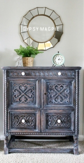 magpie cabinet refinshed with walnut gel stain with winter white glaze effects