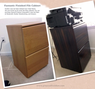 before and after of oak filing cabinat refinished with java gel stain
