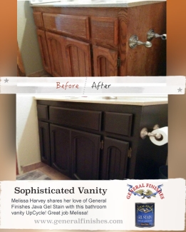 before and after of bathroom cabinets refinished with java gel stain