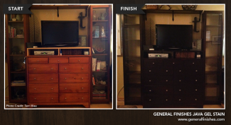 before and after refinished entertainment center using java gel stain